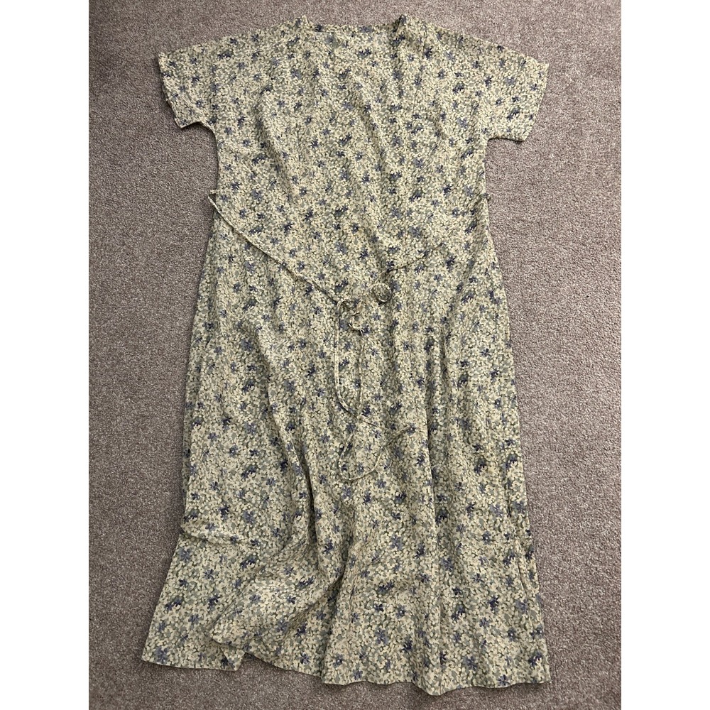 Boho Modest Floral Midi Dress Womens XL Blue Cream Short Sleeve Tie Waist Exc